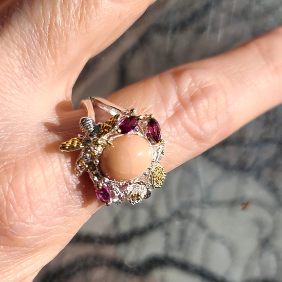 Gorgeous pink Opal & Pink Rhodolite Sapphires bumble bee sterling ring sz8.5 - Picture 5 of 10